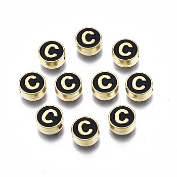 Alloy Enamel Beads, Cadmium Free & Lead Free, Light Gold, Flat Round with Alphabet, Black, Letter.C, 8x4mm, Hole: 1.5mm
