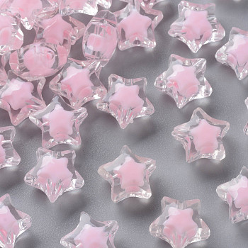Transparent Acrylic Beads, Bead in Bead, Faceted, Star, Pink, 14x15x8.5mm, Hole: 2mm, about 518pcs/500g