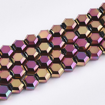 Electroplate Glass Beads Strands, Faceted, Hexagon, Orchid, 5x6x4mm, Hole: 1mm, about 100pcs/strand, 20.4 inch