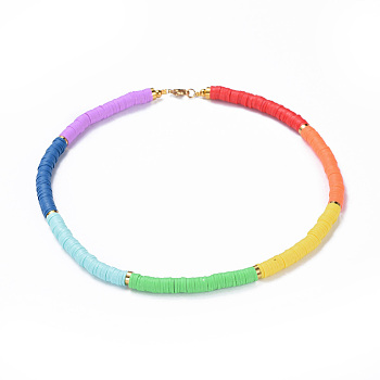 Handmade Polymer Clay Heishi Beaded Necklaces, with Brass Spacer Beads and 304 Stainless Steel Findings, Colorful, 16.1 inch(41cm), 6mm