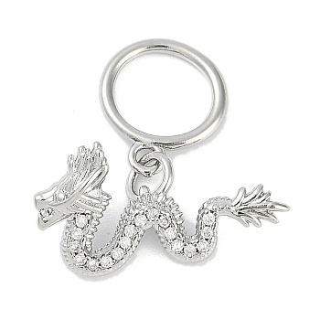 Brass Micro Pave Clear Cubic Zirconia Toggle Clasps, Dragon, Platinum, Rings: 13x10.5x1.5mm, Hole: 1.5mm, Dragon: 22x5.5x2mm, Hole: 1.2mm