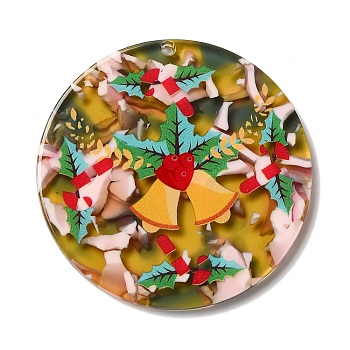 Transparent Christmas Themed Cellulose Acetate(Resin) Pendants, Flat Round Charms, Christmas Bell, 44x3mm, Hole: 1.8mm