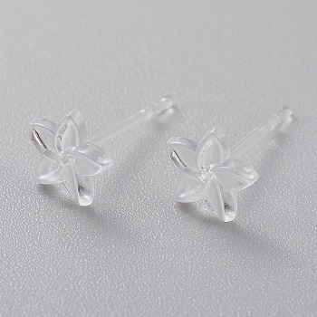 Eco-Friendly Plastic Stud Earrings, Flower, Clear, 6x6.5x2mm, Pin: 0.8mm