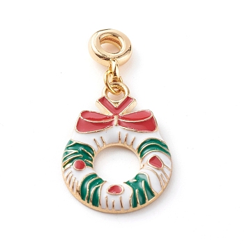 Christmas Alloy Enamel Pendants, with Brass Tube Bails, Christmas Wreath, Golden, 22.5x16x2.5mm, Hole: 3mm