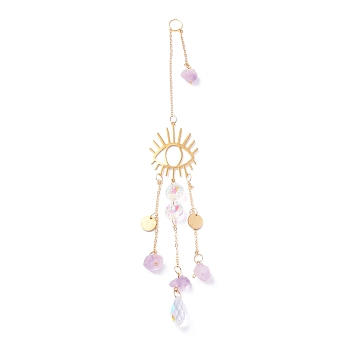 Hanging Crystal Aurora Wind Chimes, with Prismatic Pendant, Eye-shaped Iron Link and Natural Amethyst, for Home Window Lighting Decoration, Golden, 315mm