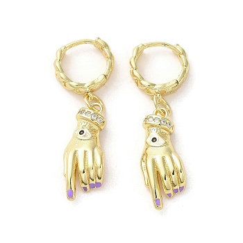 Palm with Horse Eye Real 18K Gold Plated Brass Dangle Hoop Earrings, with Enamel and Cubic Zirconia, Medium Purple, 36x8.5mm