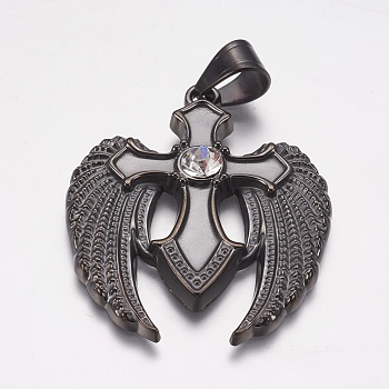 304 Stainless Steel Pendants, with Rhinestone, Wing with Cross, Crystal, Gunmetal, 39x49x5mm, Hole: 7x9mm