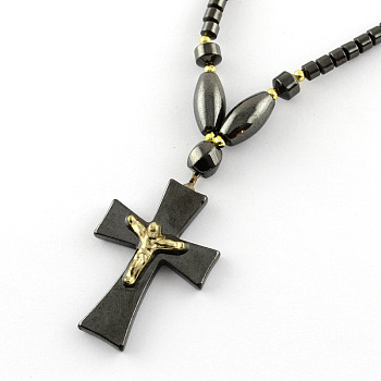 Non-Magnetic Synthetic Hematite Beaded Necklaces, with Gemstone Beads and Brass Screw Clasps, Crucifix Cross, For Easter, Black, 18.5 inch