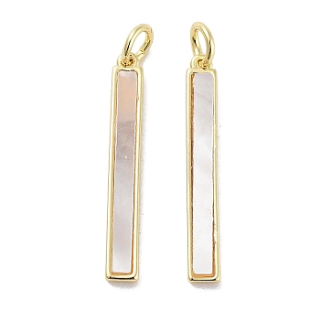 Brass Pave Natural Shell Pendants, Rectangle Charms with Jump Rings, Real 18K Gold Plated, 25.5x3.5x1.5mm, Hole: 3mm