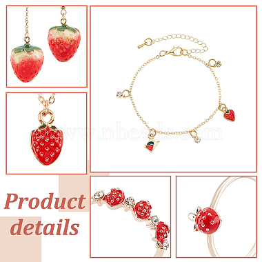 Strawberry Brass Enamel Pendant Necklace & Dangle Earrings & Open Cuff Ring & Charm Bracelet Jewelry Sets(SJEW-AN0001-35)-3