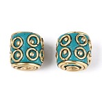 Handmade Indonesia Beads, Column, with Unplated Brass, Dark Turquoise, 11x10.5~11mm, Hole: 1.8mm(IPDL-N004-07C)