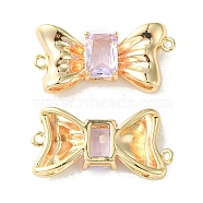 Brass Pave Cubic Zirconia Connector Charms, Real 18K Gold Plated, Bowknot Links, Lilac, 11x23x4.5mm, Hole: 1mm(KK-L208-01G-05)