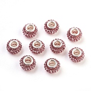 Grade A Rhinestone European Beads, Large Hole Beads, Resin, with Silver Color Plated Brass Core, Rondelle, Light Rose, 12x8mm, Hole: 4mm(CPDL-H001-12x9mm-9)