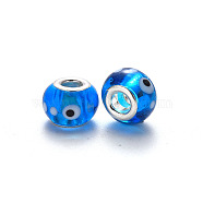 Handmade Lampwork European Beads, Large Hole Rondelle Beads, with Platinum Tone Brass Double Cores, Rondelle, Dodger Blue, 14~15x9~10mm, Hole: 5mm(LPDL-N001-046-C04)