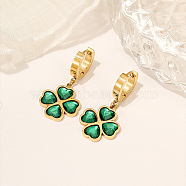 Green Cubic Zirconia Clover Dangle Hoop Earrings, 304 Stainless Steel Drop Earrings, Golden, 29x16mm(GP9926-3)
