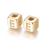 Brass Micro Pave Cubic Zirconia Beads, Long-Lasting Plated, Cube with Letter, Clear, Golden, Letter.E, 10x8x8.5mm, Hole: 1.5x3.5mm and 4mm(ZIRC-G162-15G-E)