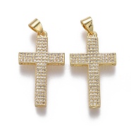 Brass Micro Pave Cubic Zirconia Pendants, Latin Cross, Clear, Real 18K Gold Plated, 27.5x15.5x3mm, Hole: 3x4.5mm(ZIRC-F115-13G)