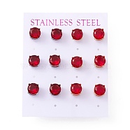 6 Pairs Cubic Zirconia Flat Round Stud Earrings, 304 Stainless Steel Jewelry for Women, Mixed Color, FireBrick, 8mm, Pin: 0.7mm(EJEW-G291-05B-M)