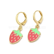 Real 18K Gold Plated Brass Dangle Leverback Earrings, with Colorful Enamel, Strawberry, 29.5x10mm(EJEW-L268-021G-02)