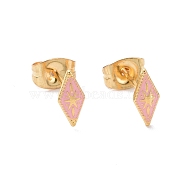 Enamel Rhombus with Star Stud Earrings with 316L Surgical Stainless Steel Pins, Gold Plated 304 Stainless Steel Jewelry for Women, Pink, 8.5x4mm, Pin: 0.7mm(EJEW-P204-02G-03)
