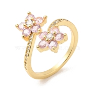 Cubic Zirconia Flower Open Cuff Rings, Real 16K Gold Plated Brass Jewelry for Women, Pink, US Size 6(16.5mm)(RJEW-L106-009G-02)