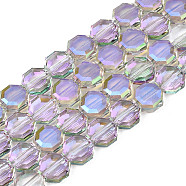 Electroplate Translucent Glass Beads Strands, Half Plated, Faceted, Octagon, Lilac, 7~8x7~8x4mm, Hole: 1.2mm, about 72pcs/strand, 20.47 inch(52cm)(EGLA-N002-27-D01)