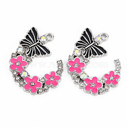 Alloy Rhinestone Pendants, with Enamel, Platinum, Butterfly with Flower, Hot Pink, 22x29x2mm, Hole: 1.8mm(PALLOY-N153-06C-RS)