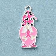 Breast Cancer Pink Awareness Ribbon Theme Alloy Enamel Pendants, Silver, Gnome, 23x9.5x1.5mm, Hole: 1.5mm(ENAM-A147-01E)
