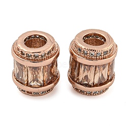 Rack Plating Brass Micro Pave Cubic Zirconia European Beads, Long-Lasting Plated, Lead Free & Cadmium Free, Column, Rose Gold, Saddle Brown, 11.5x10mm, Hole: 4.5mm(KK-F089-31RG-07)