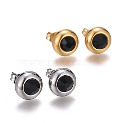 304 Stainless Steel Stud Earrings, with Cubic Zirconia and Ear Nuts, Flat Round, Black, Mixed Color, 9mm, Pin: 0.7mm, 6pairs/card(EJEW-L251-A03)