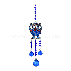Glass Suncatchers, Wind Chimes, Alloy Pendant Decorations with Resin Evil Eye, Owl, 340mm(WICH-PW0001-68E)
