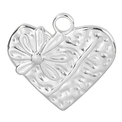 201 Stainless Steel Pendants, Heart Charms with Flower, Stainless Steel Color, 19x20x2mm, Hole: 3mm(FIND-PW0004-11P)