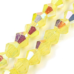 Baking Painted Transparent Glass Beads Strands, Half Electroplate, AB Color Plated, Faceted, Bicone, Yellow, 6x5.5mm, Hole: 1mm, about 47pcs/strand, 10.24''(26cm)(GLAA-F029-TM6mm-03)