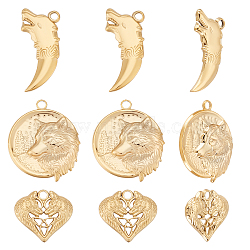 9Pcs 3 Style 304 Stainless Steel Pendants, Flat Round with Wolf, Real 18K Gold Plated, 19~30.5x14~25.5x2.5~3mm, Hole: 2.5mm, 3pcs/style(STAS-BBC0001-87)