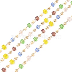 Faceted Cube Glass & Round Beaded Chains, with Light Gold Brass Findings, Soldered, Yellow, 3.5x3.5x3.5mm, 2x2mm(CHC-G018-03KCG-03)