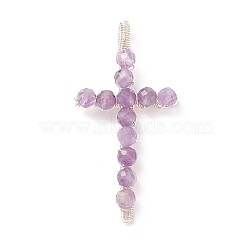 Natural Amethyst Faceted Round Beads Pendants, with Silver Color Plated Brass Findings, Cross Charms, 41.5~43x21~23x5~6mm, Hole: 2x3.5mm(PALLOY-TA00002-02)