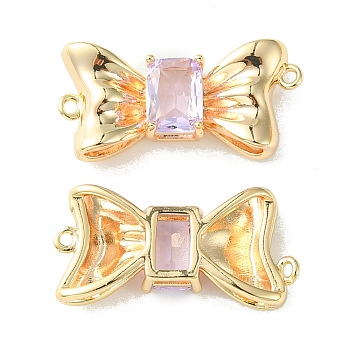 Brass Pave Cubic Zirconia Connector Charms, Real 18K Gold Plated, Bowknot Links, Lilac, 11x23x4.5mm, Hole: 1mm