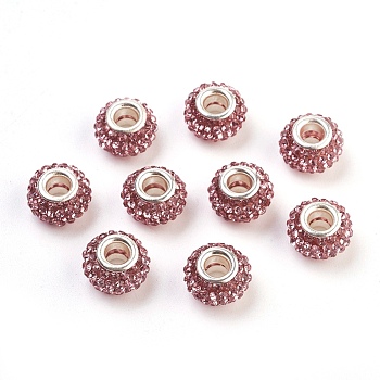 Grade A Rhinestone European Beads, Large Hole Beads, Resin, with Silver Color Plated Brass Core, Rondelle, Light Rose, 12x8mm, Hole: 4mm