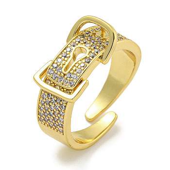 Rack Plating Brass Micro Pave Cubic Zirconia Belt Shape Open Cuff Rings for Women, Cadmium Free & Lead Free, Long-Lasting Plated, Real 18K Gold Plated, 9mm, Adjustable