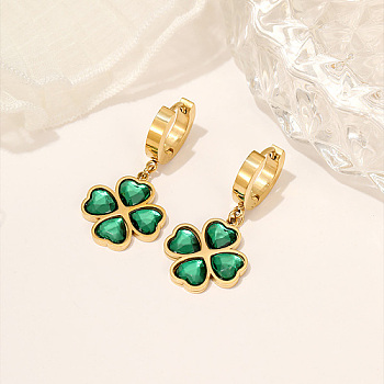 Green Cubic Zirconia Clover Dangle Hoop Earrings, 304 Stainless Steel Drop Earrings, Golden, 29x16mm