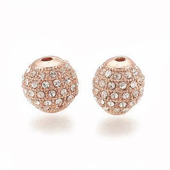 Alloy Bead, with Rhinestone, Round, Crystal, Rose Gold, 9.5x9.5mm, Hole: 1.5mm