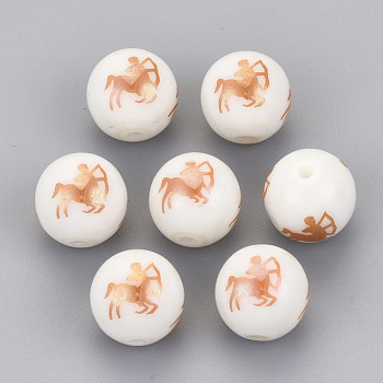 Electroplate Glass Beads, Round with Constellations Pattern, Rose Gold Plated, Sagittarius, 10mm, Hole: 1.2mm
