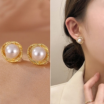 Alloy Imitation Pearl Stud Earrings for Women, with 925 Sterling Silver Pin, Round, 18x12mm