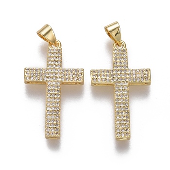 Brass Micro Pave Cubic Zirconia Pendants, Latin Cross, Clear, Real 18K Gold Plated, 27.5x15.5x3mm, Hole: 3x4.5mm