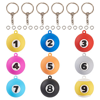 Pandahall DIY Keychain Making Kit, Including Billiards with Number PVC Pendants, Iron Split Key Rings, Brass Jump Ring, Mixed Color, 39Pcs/bag
