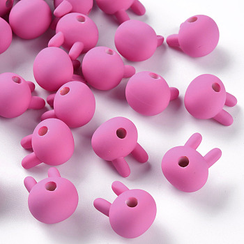 Acrylic Beads, Rubberized Style, Half Drilled, Rabbit, Camellia, 19x16.5x14.5mm, Hole: 3.5mm
