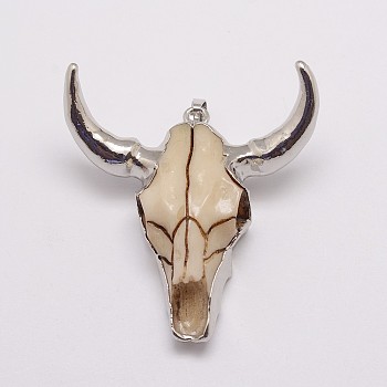 Resin Big Pendants, with Brass Findings, Cattle Head, BurlyWood, Platinum, 53x48x22mm, Hole: 5x8mm