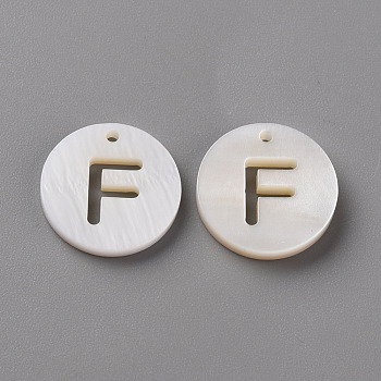 Natural Freshwater Shell Pendants, Flat Round with Letter, Letter.F, 12x1.5mm, Hole: 1mm