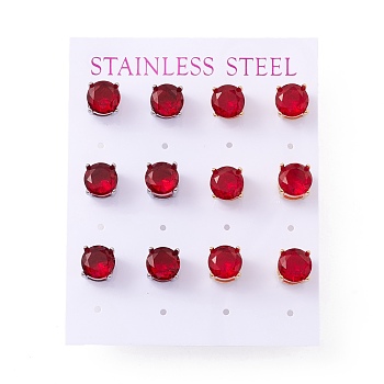 6 Pairs Cubic Zirconia Flat Round Stud Earrings, 304 Stainless Steel Jewelry for Women, Mixed Color, FireBrick, 8mm, Pin: 0.7mm