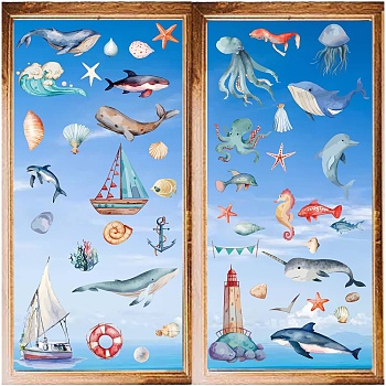 8 Sheets 8 Styles PVC Waterproof Wall Stickers, Self-Adhesive Decals, for Window or Stairway Home Decoration, Marine Animal, 200x145mm, 1 sheet/style